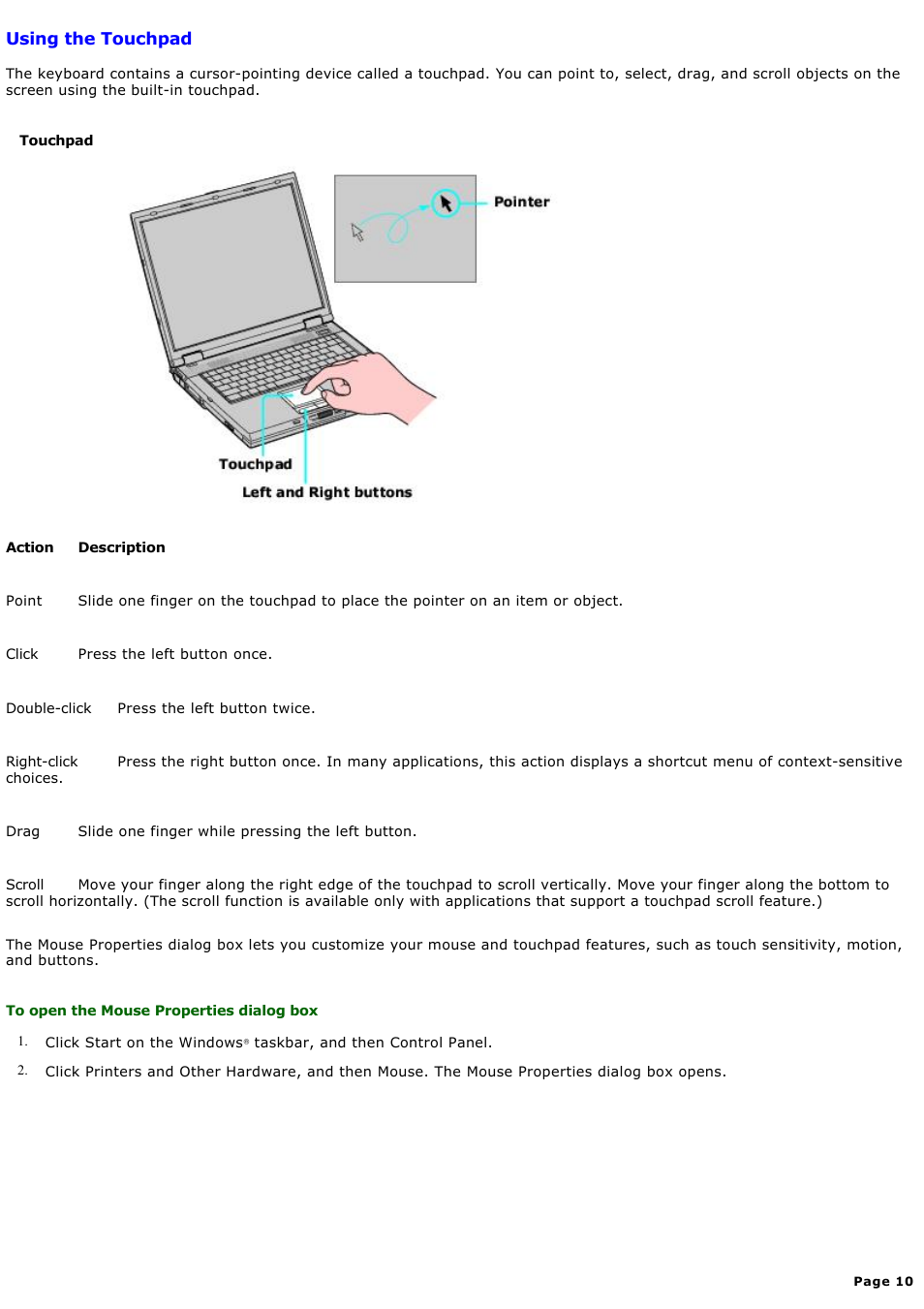 Using the touchpad | Sony PCG-GRX580P User Manual | Page 10 / 185