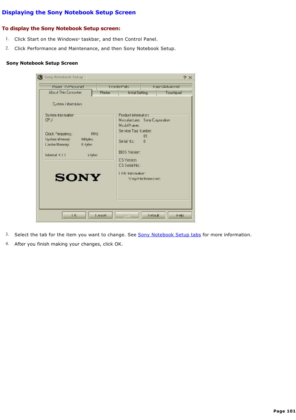 Displaying the sony notebook setup screen | Sony PCG-GRX580P User Manual | Page 101 / 185