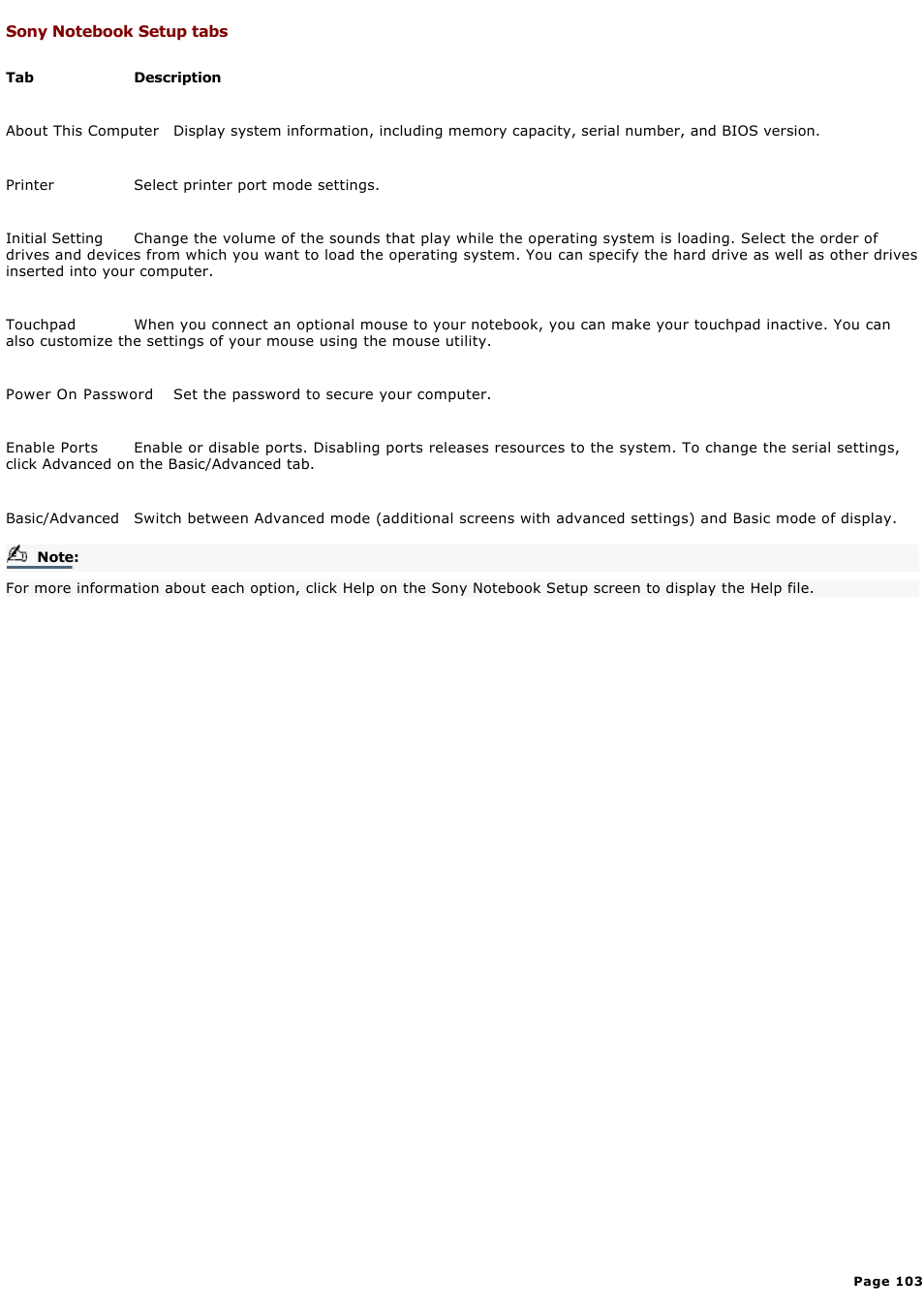 Sony notebook setup tabs | Sony PCG-GRX580P User Manual | Page 103 / 185