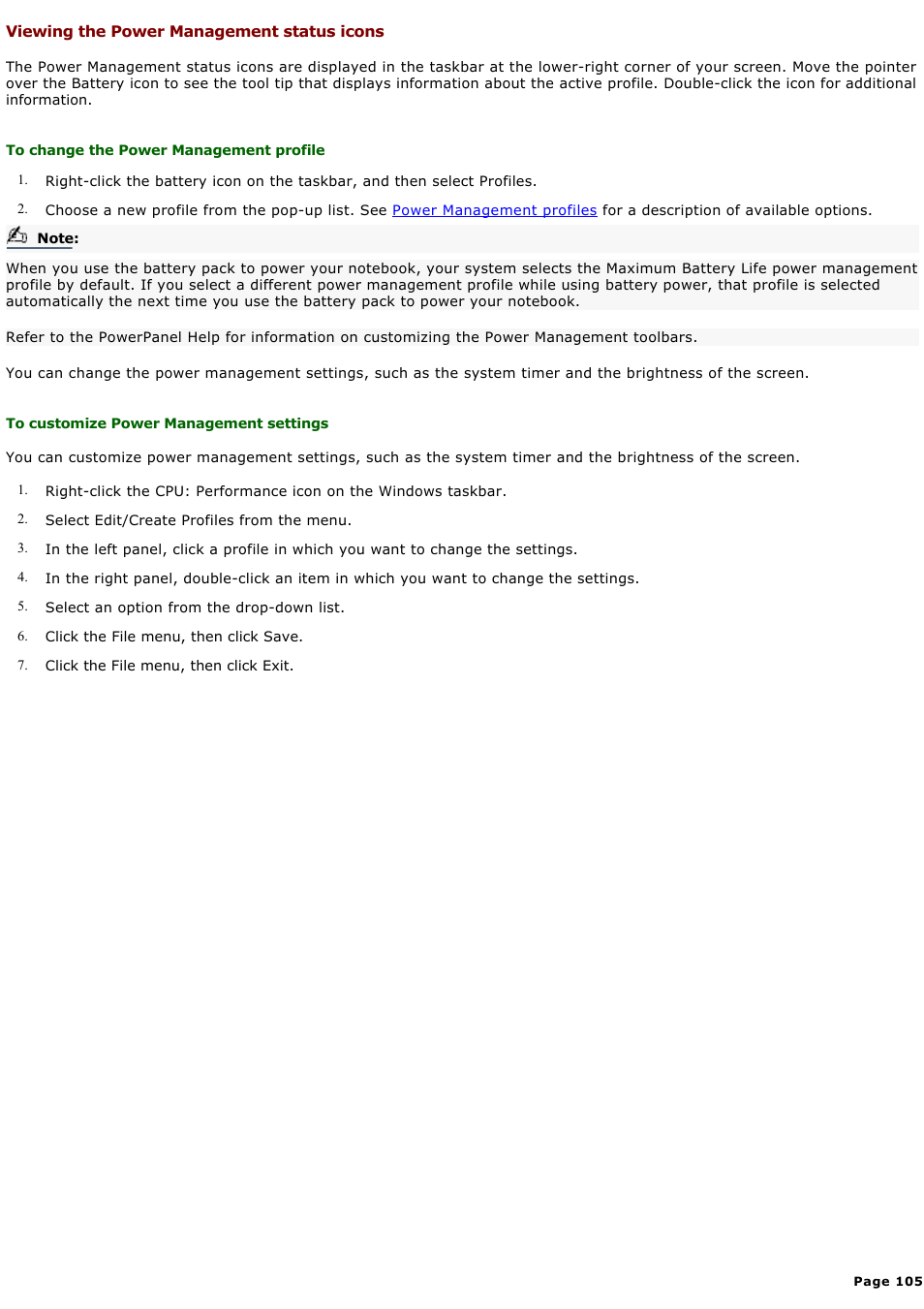 Viewing the power management status icons | Sony PCG-GRX580P User Manual | Page 105 / 185