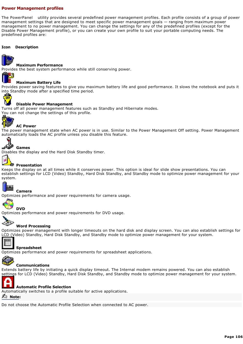 Power management profiles | Sony PCG-GRX580P User Manual | Page 106 / 185