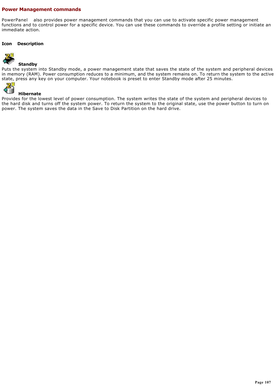 Power management commands | Sony PCG-GRX580P User Manual | Page 107 / 185