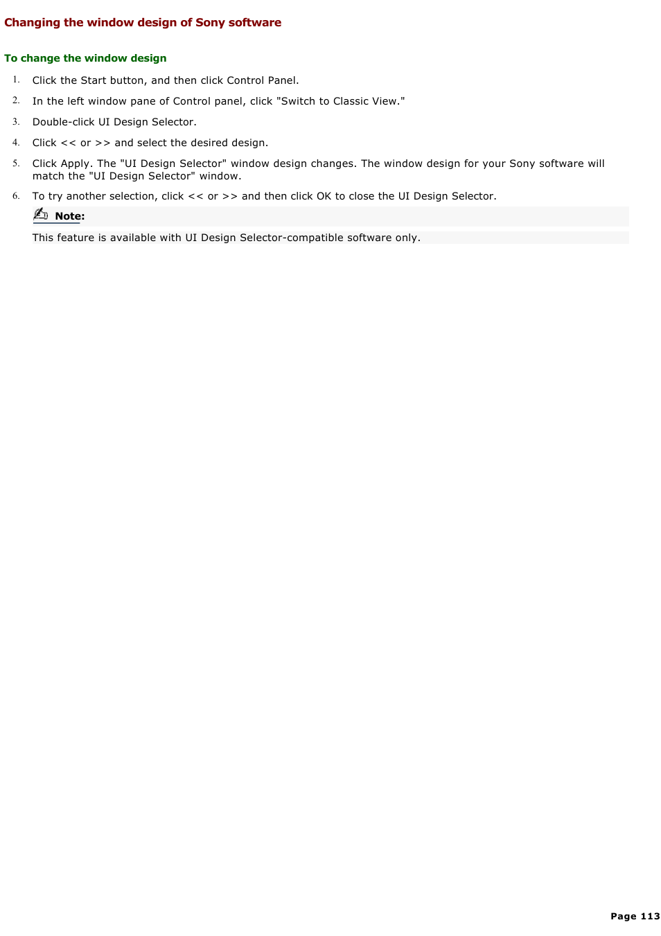 Changing the window design of sony software | Sony PCG-GRX580P User Manual | Page 113 / 185