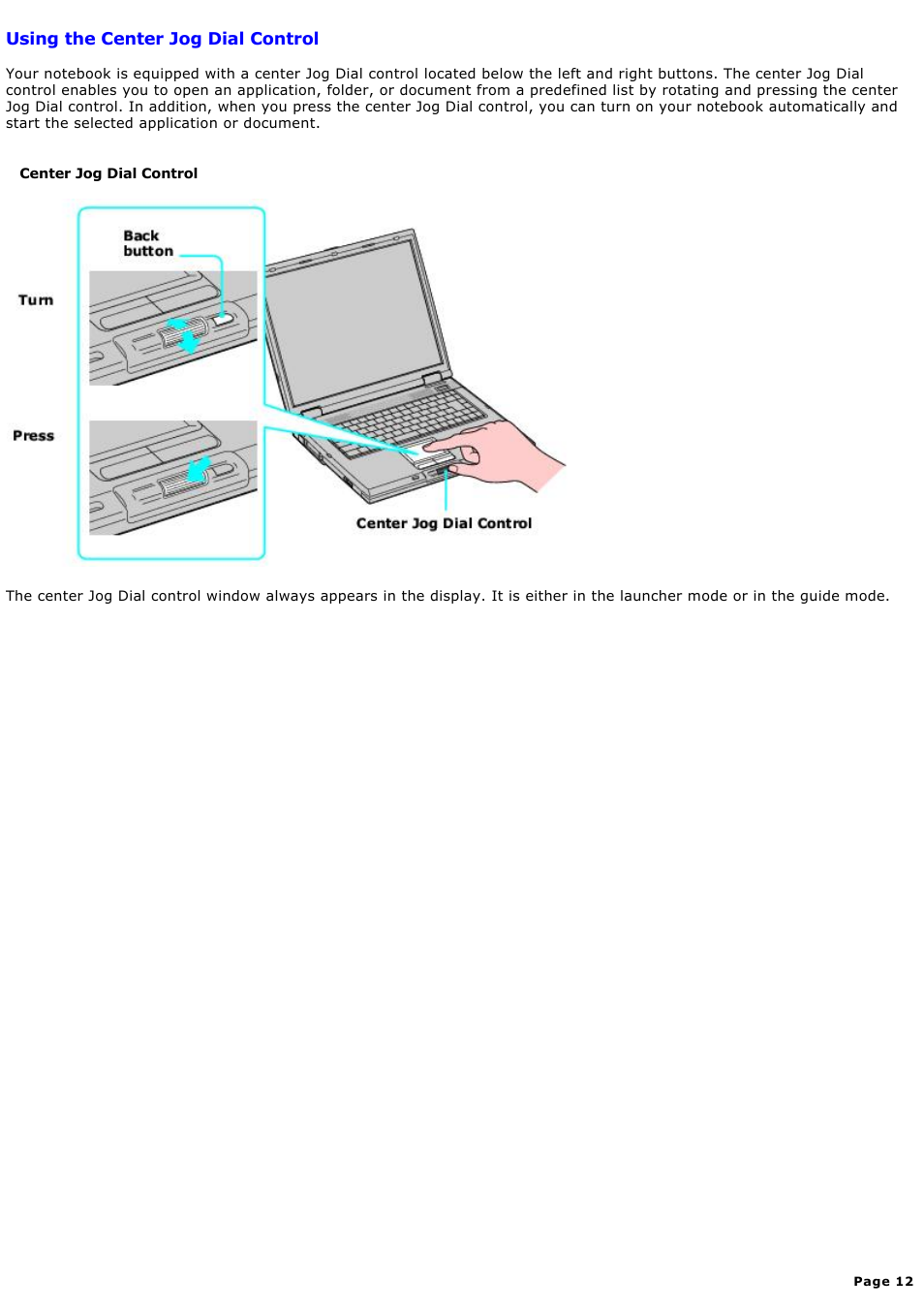 Using the center jog dial control | Sony PCG-GRX580P User Manual | Page 12 / 185