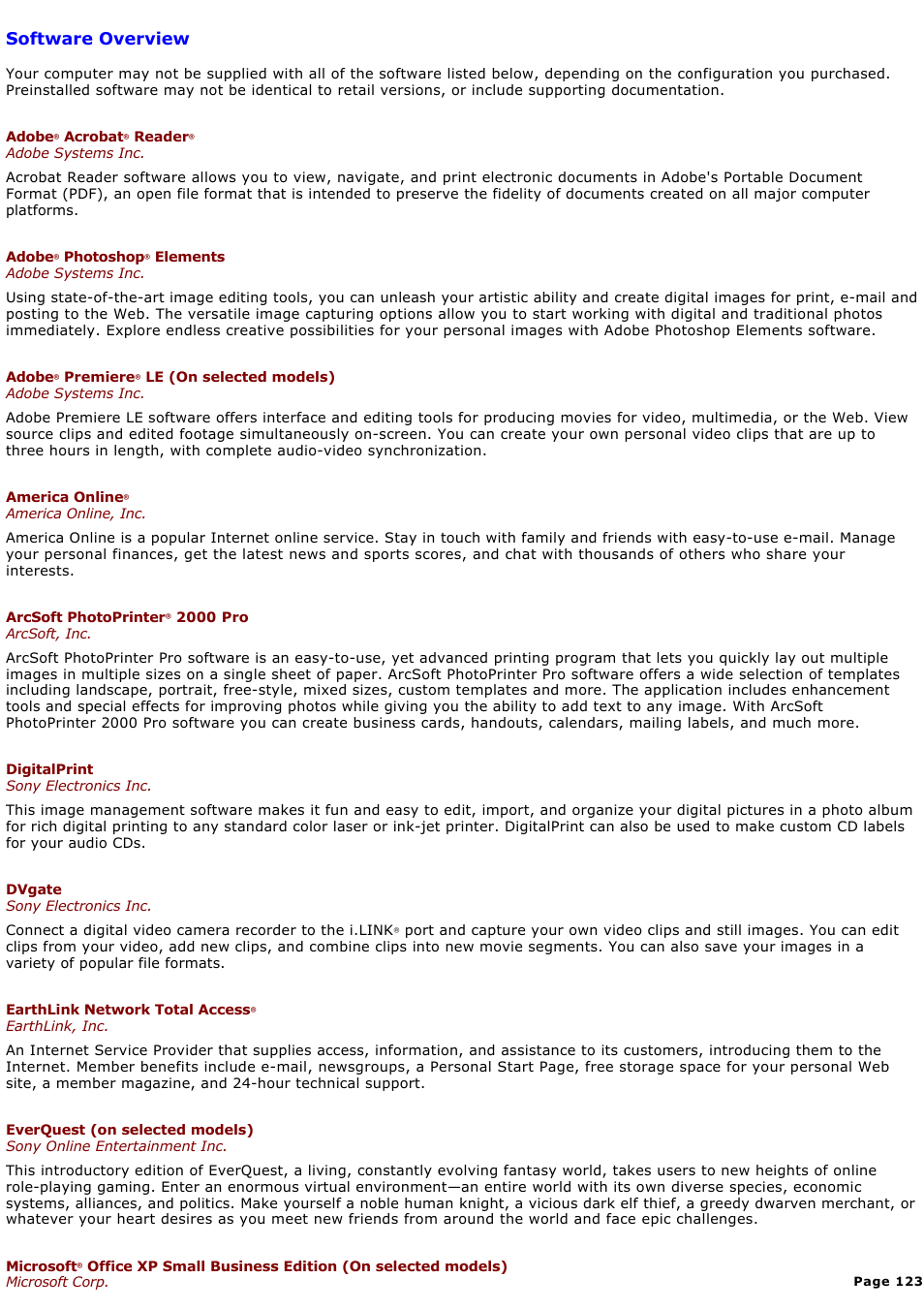 Software overview | Sony PCG-GRX580P User Manual | Page 123 / 185