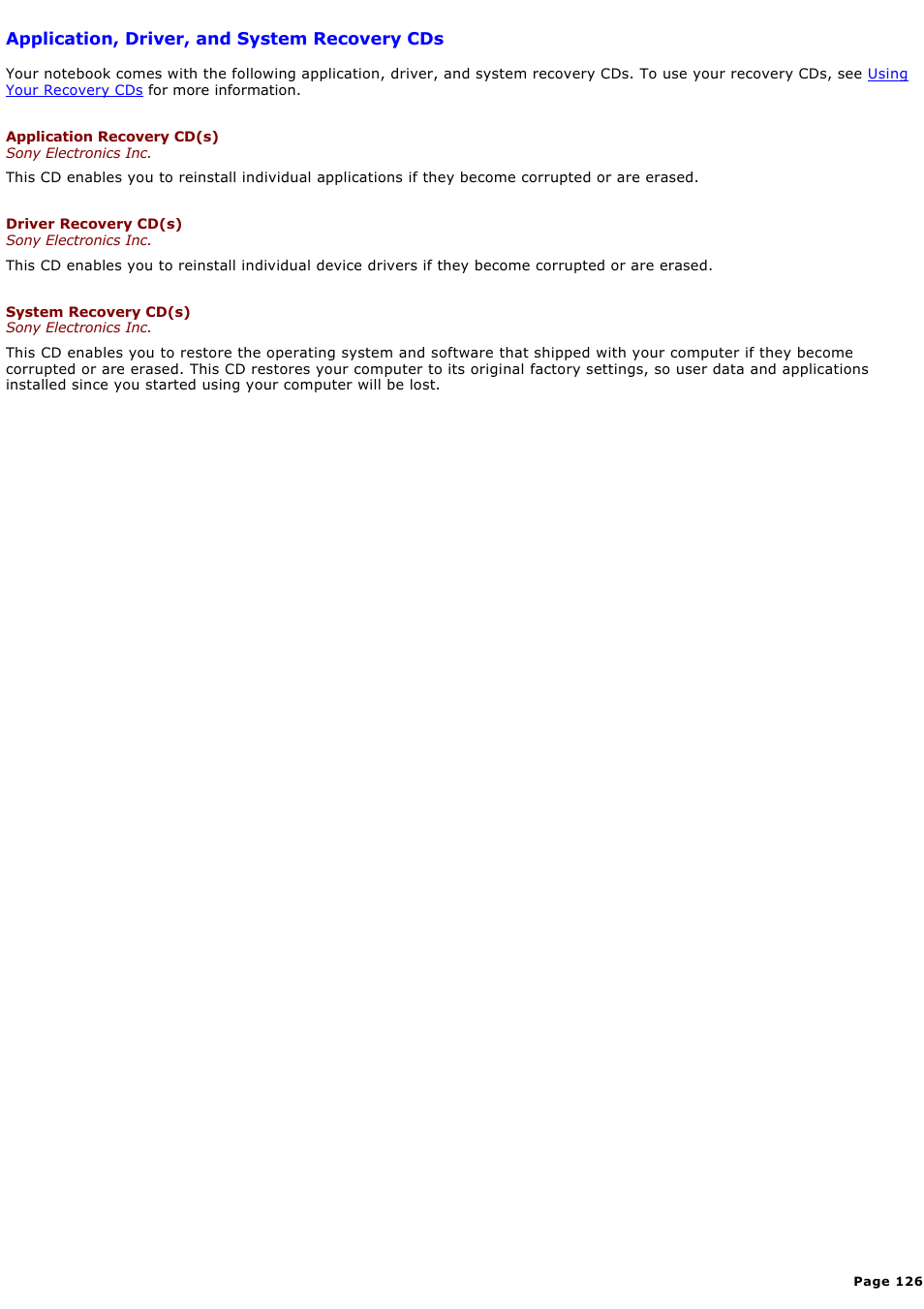 Application, driver, and system recovery cds | Sony PCG-GRX580P User Manual | Page 126 / 185
