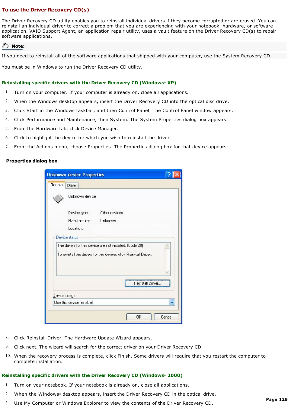 To use the driver recovery cd(s) | Sony PCG-GRX580P User Manual | Page 129 / 185