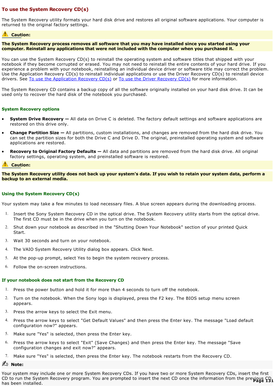 To use the system recovery cd(s) | Sony PCG-GRX580P User Manual | Page 131 / 185