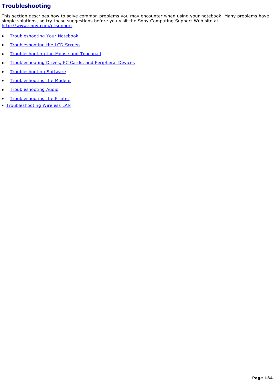 Troubleshooting | Sony PCG-GRX580P User Manual | Page 134 / 185