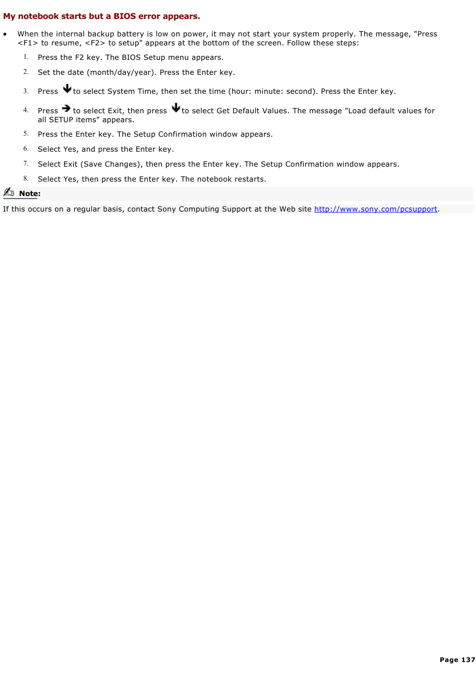 My notebook starts but a bios error appears | Sony PCG-GRX580P User Manual | Page 137 / 185