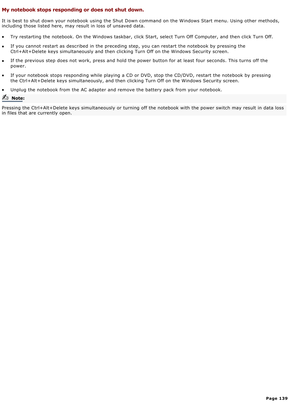 My notebook stops responding or does not shut down | Sony PCG-GRX580P User Manual | Page 139 / 185
