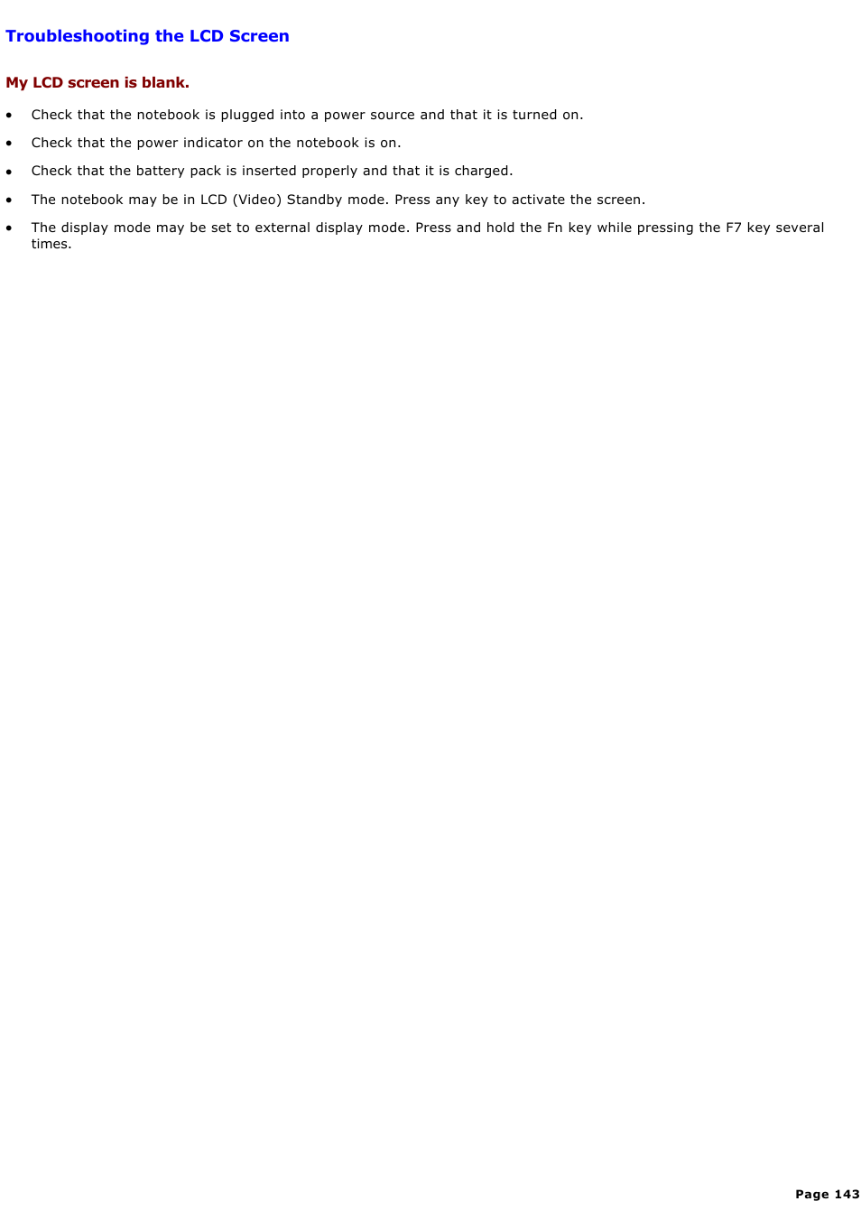 Troubleshooting the lcd screen | Sony PCG-GRX580P User Manual | Page 143 / 185