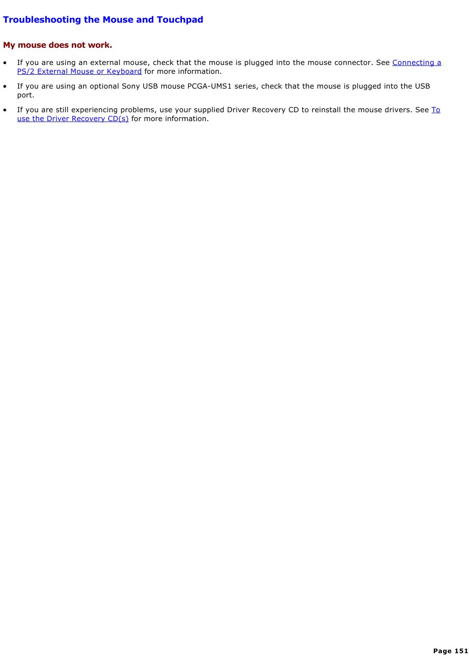 My mouse does not work | Sony PCG-GRX580P User Manual | Page 151 / 185