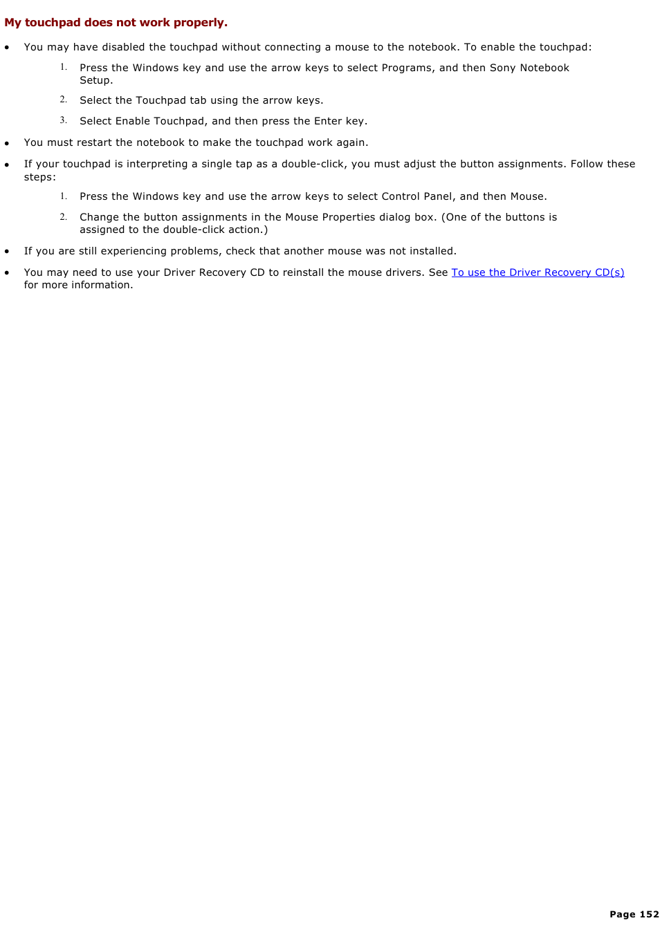 My touchpad does not work properly | Sony PCG-GRX580P User Manual | Page 152 / 185