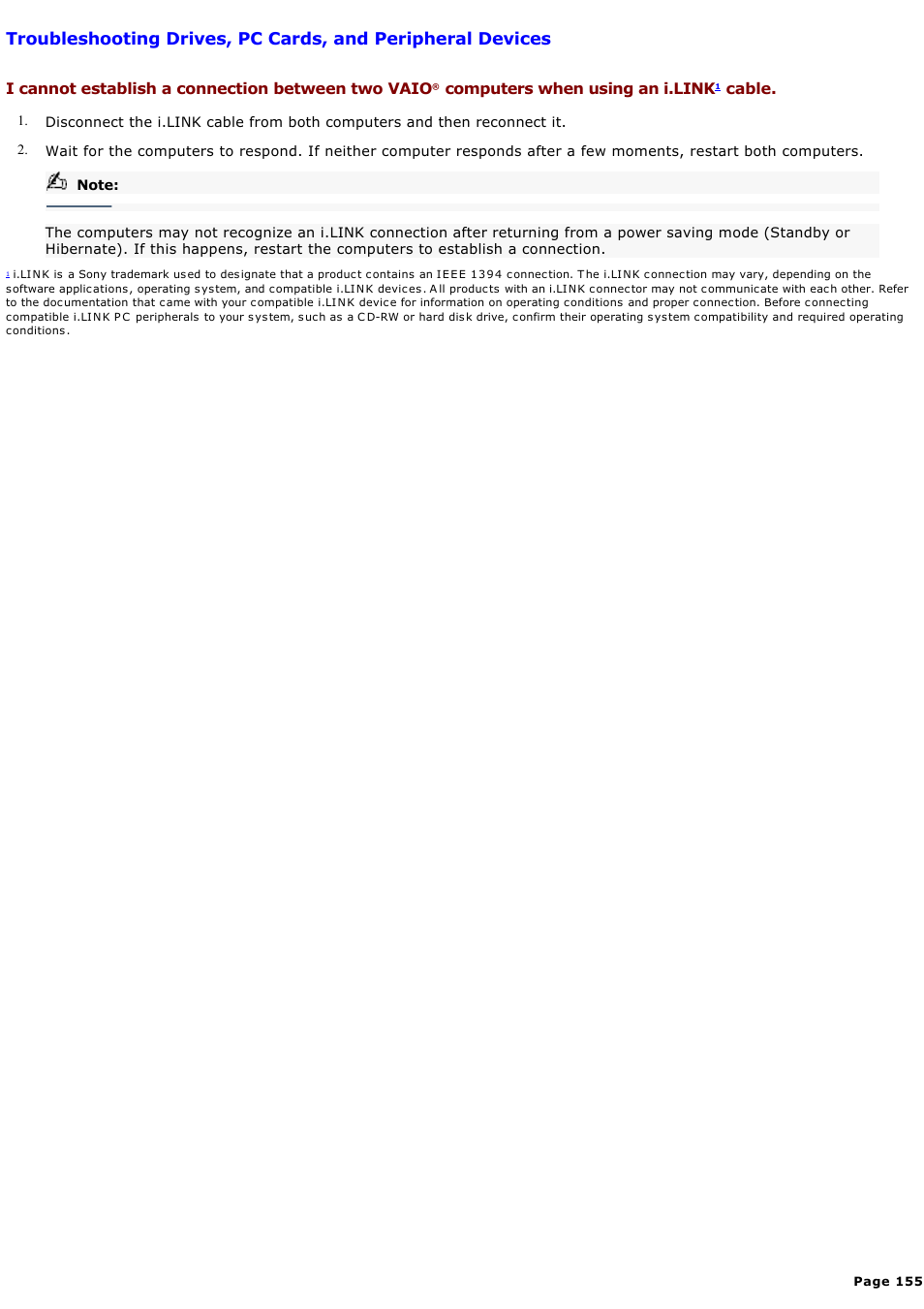 I cannot establish a connection between two vaio, Computers when using an i.link, Cable | Sony PCG-GRX580P User Manual | Page 155 / 185