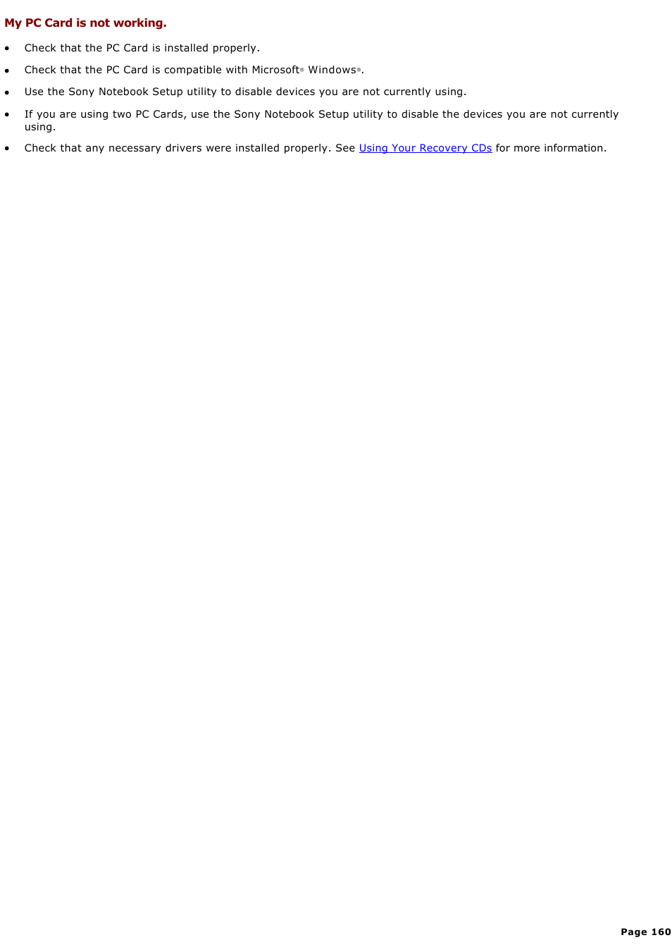 My pc card is not working | Sony PCG-GRX580P User Manual | Page 160 / 185