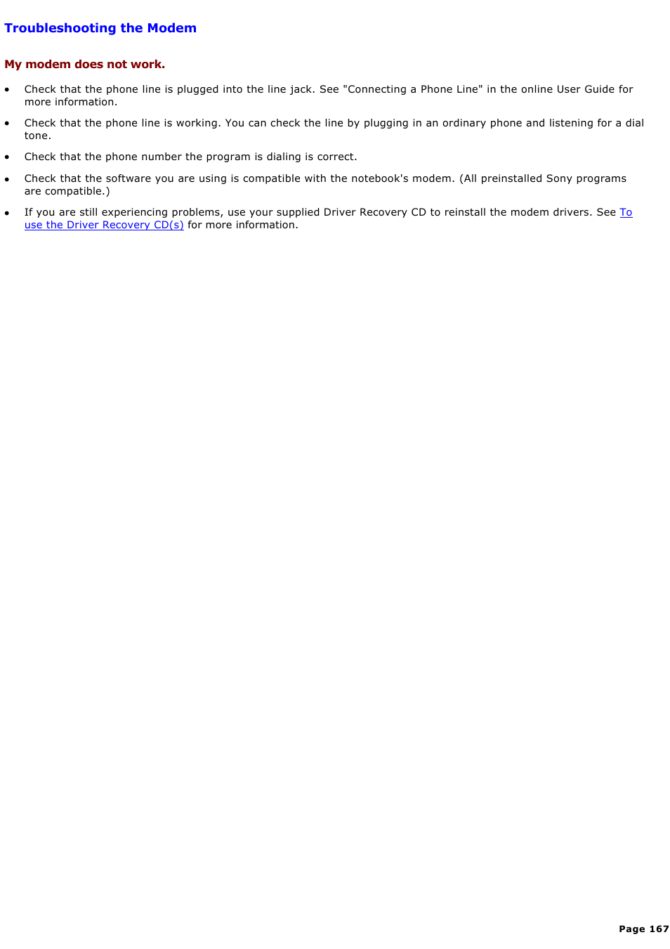 Troubleshooting the modem | Sony PCG-GRX580P User Manual | Page 167 / 185