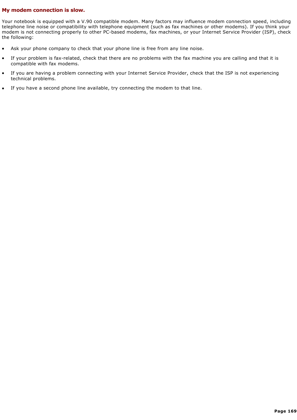 My modem connection is slow | Sony PCG-GRX580P User Manual | Page 169 / 185