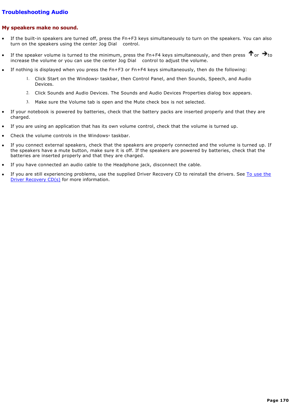 Troubleshooting audio | Sony PCG-GRX580P User Manual | Page 170 / 185