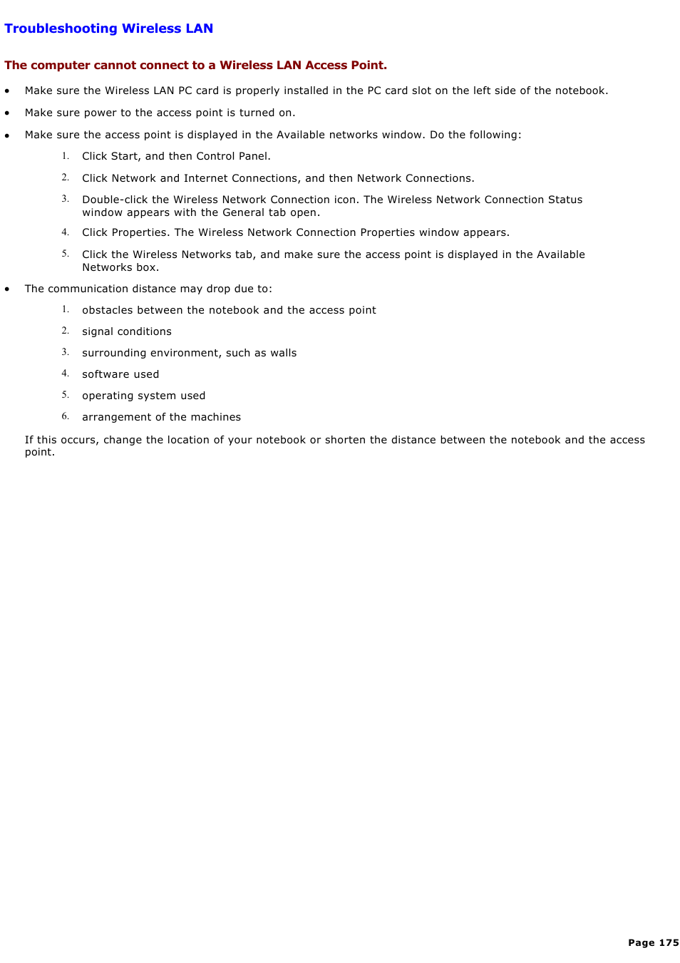 Troubleshooting wireless lan | Sony PCG-GRX580P User Manual | Page 175 / 185