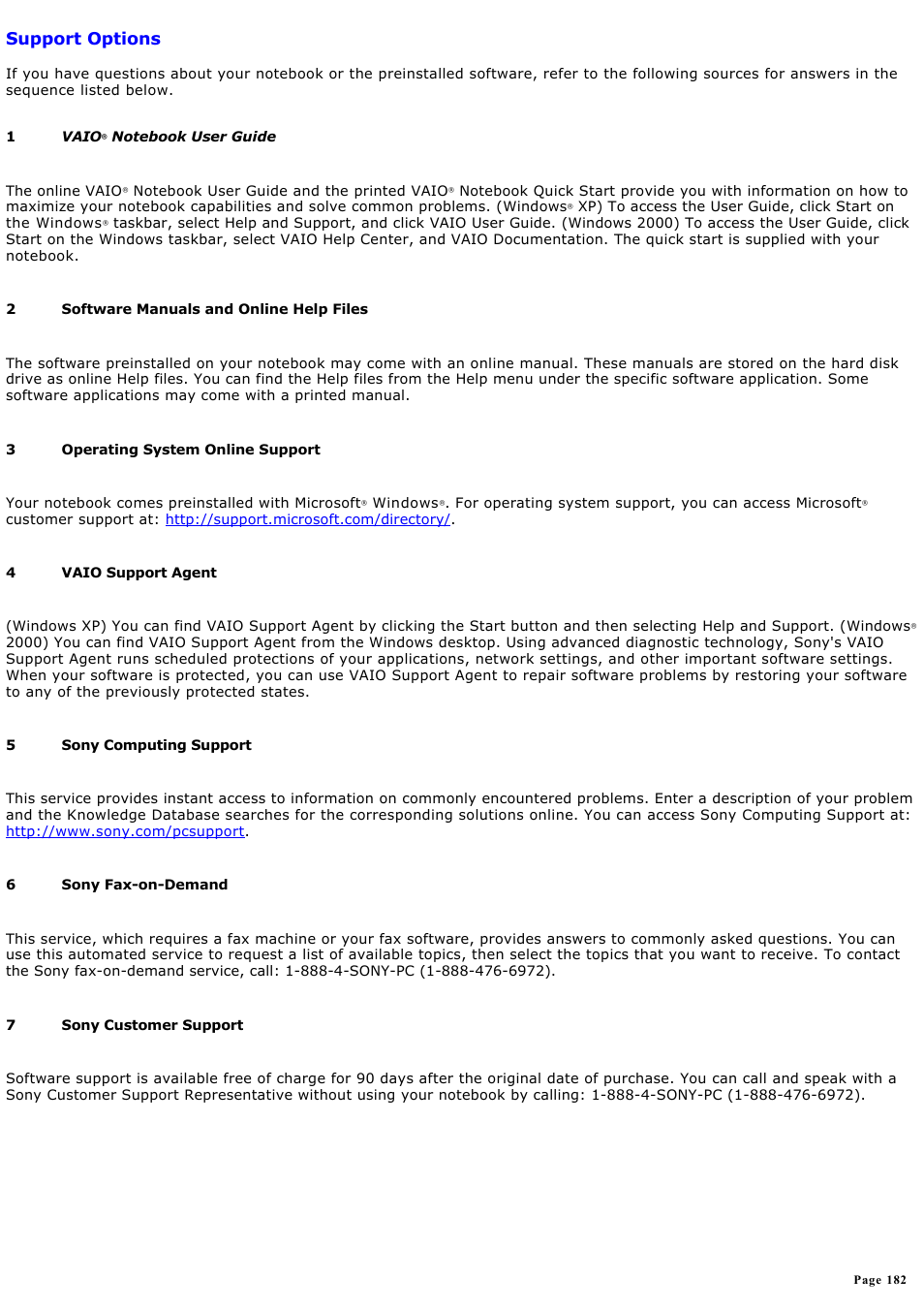 Support options | Sony PCG-GRX580P User Manual | Page 182 / 185