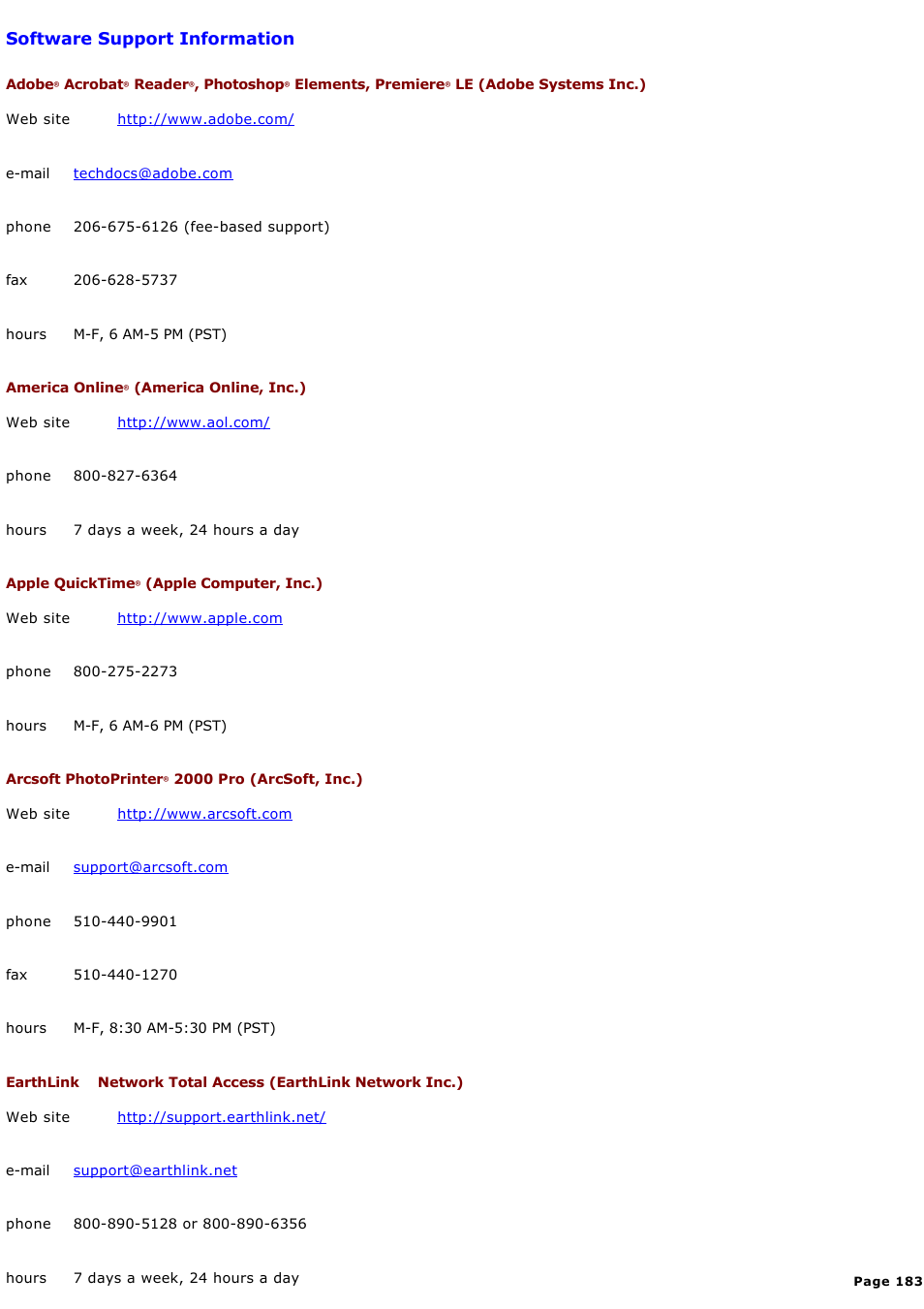 Software support information | Sony PCG-GRX580P User Manual | Page 183 / 185