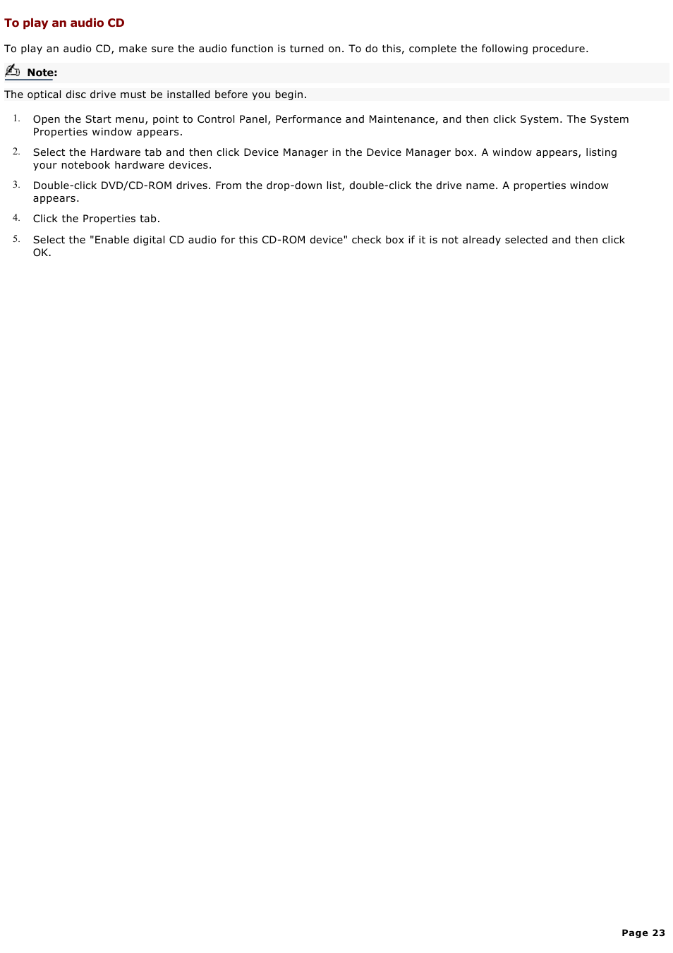 To play an audio cd | Sony PCG-GRX580P User Manual | Page 23 / 185