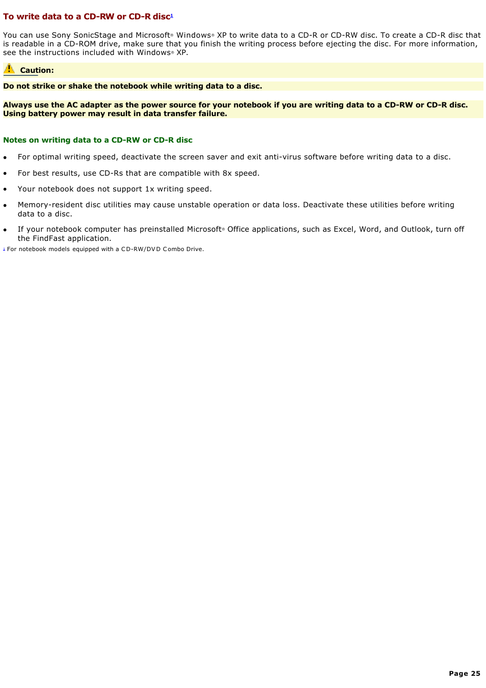 To write data to a cd-rw or cd-r disc | Sony PCG-GRX580P User Manual | Page 25 / 185