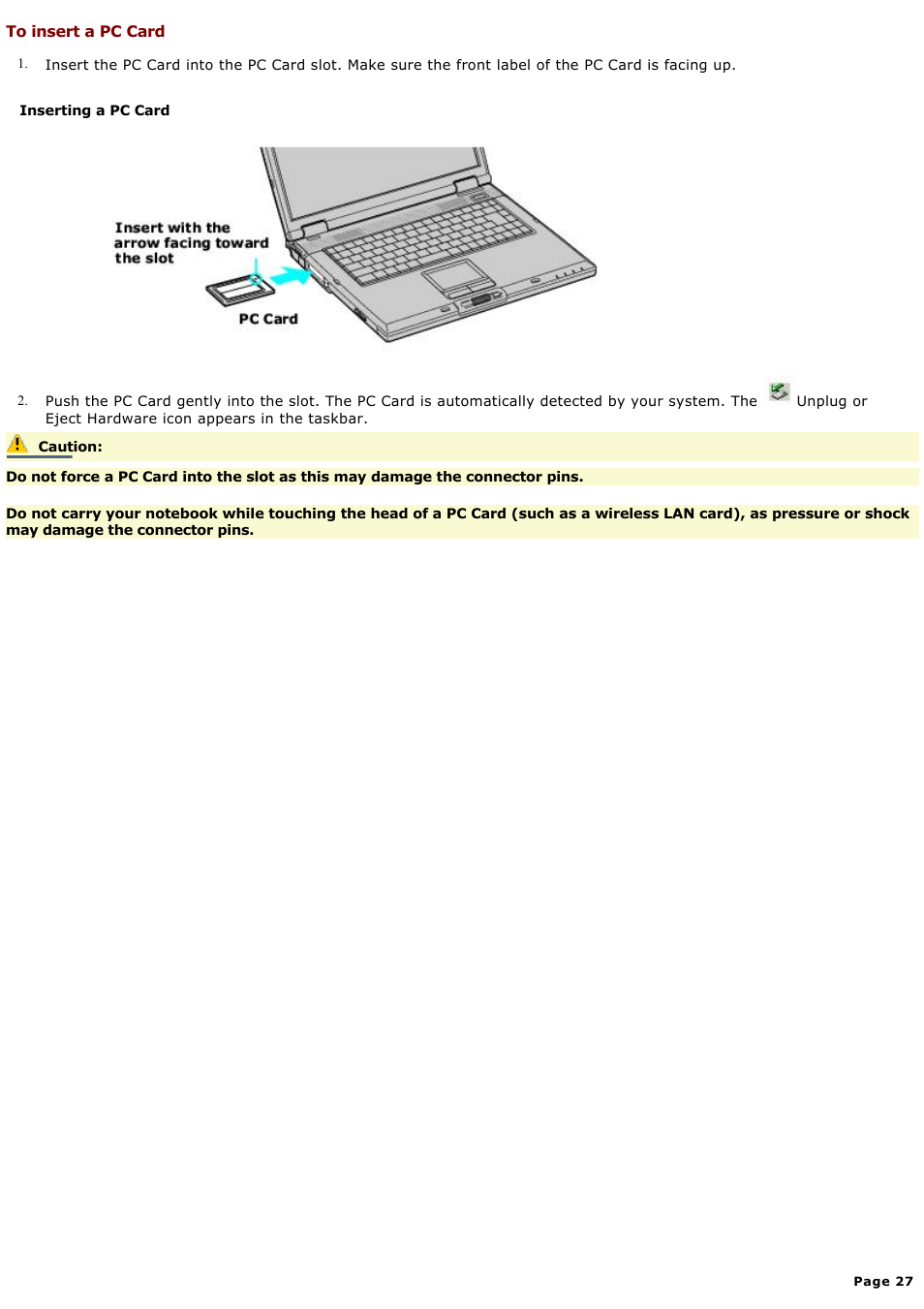 To insert a pc card | Sony PCG-GRX580P User Manual | Page 27 / 185