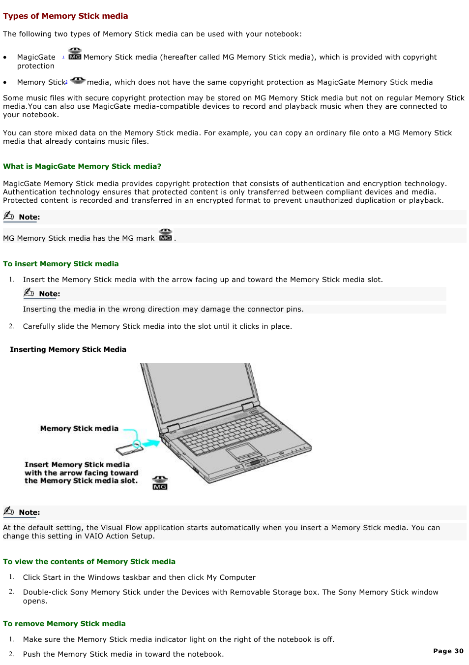 Types of memory stick media | Sony PCG-GRX580P User Manual | Page 30 / 185