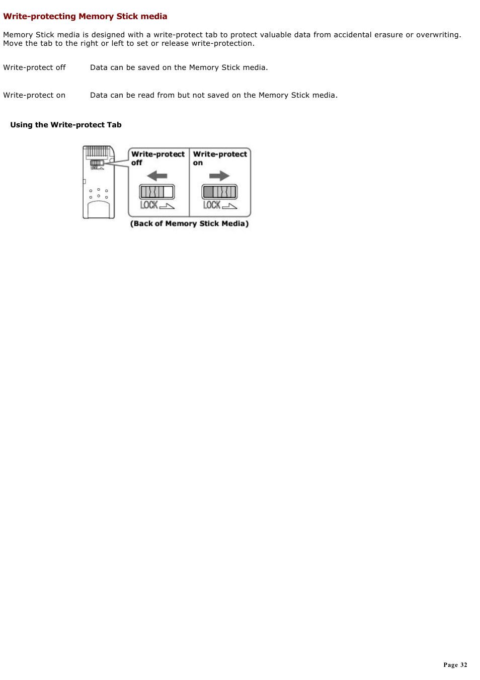 Write-protecting memory stick media | Sony PCG-GRX580P User Manual | Page 32 / 185
