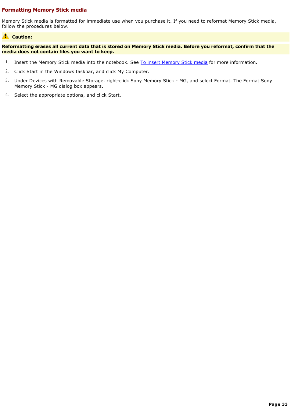 Formatting memory stick media | Sony PCG-GRX580P User Manual | Page 33 / 185