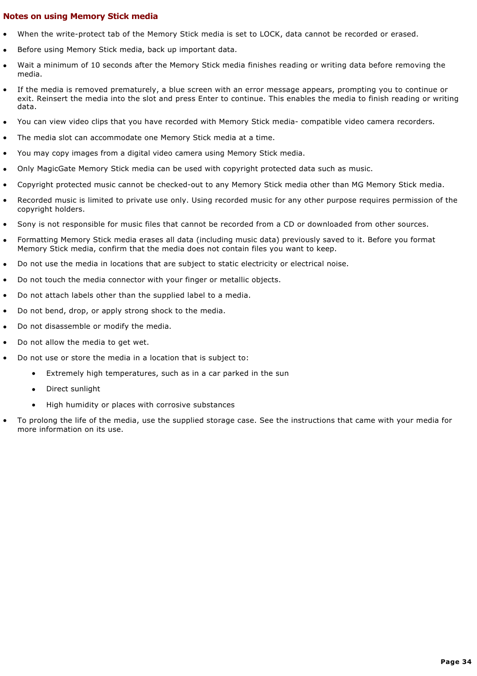 Notes on using memory stick media | Sony PCG-GRX580P User Manual | Page 34 / 185