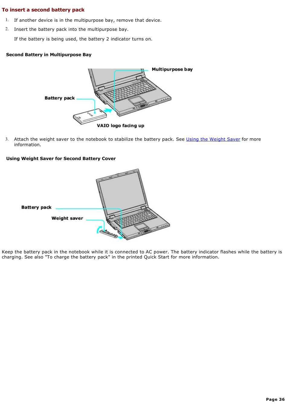 To insert a second battery pack | Sony PCG-GRX580P User Manual | Page 36 / 185