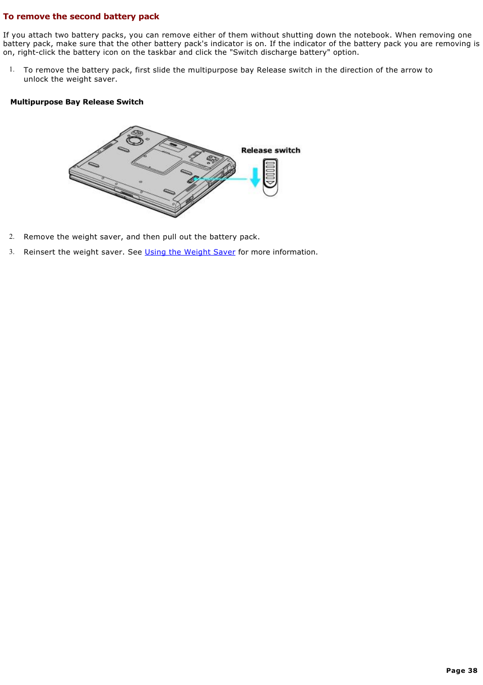 To remove the second battery pack | Sony PCG-GRX580P User Manual | Page 38 / 185