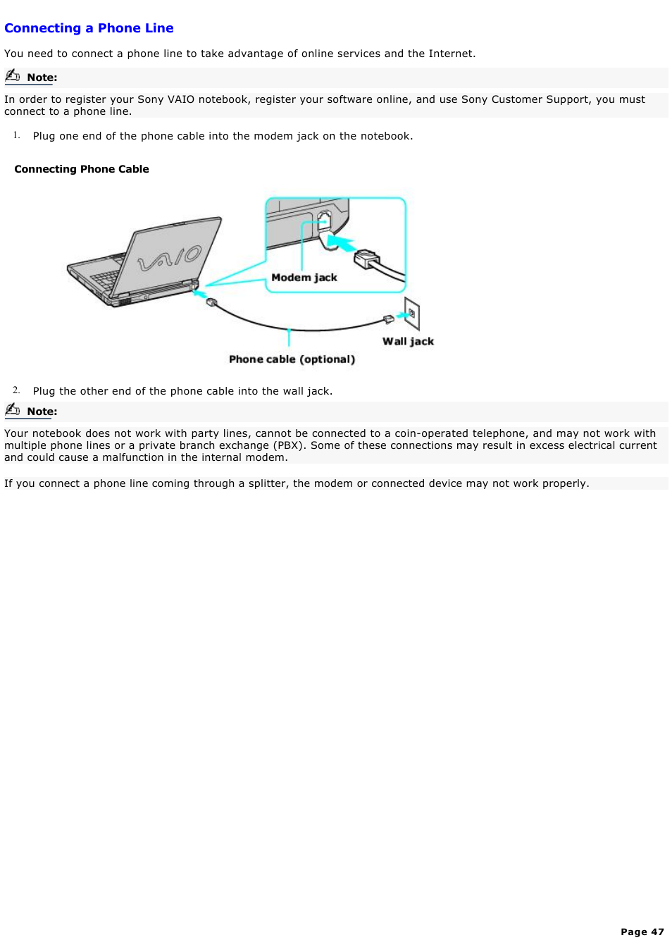 Connecting a phone line | Sony PCG-GRX580P User Manual | Page 47 / 185