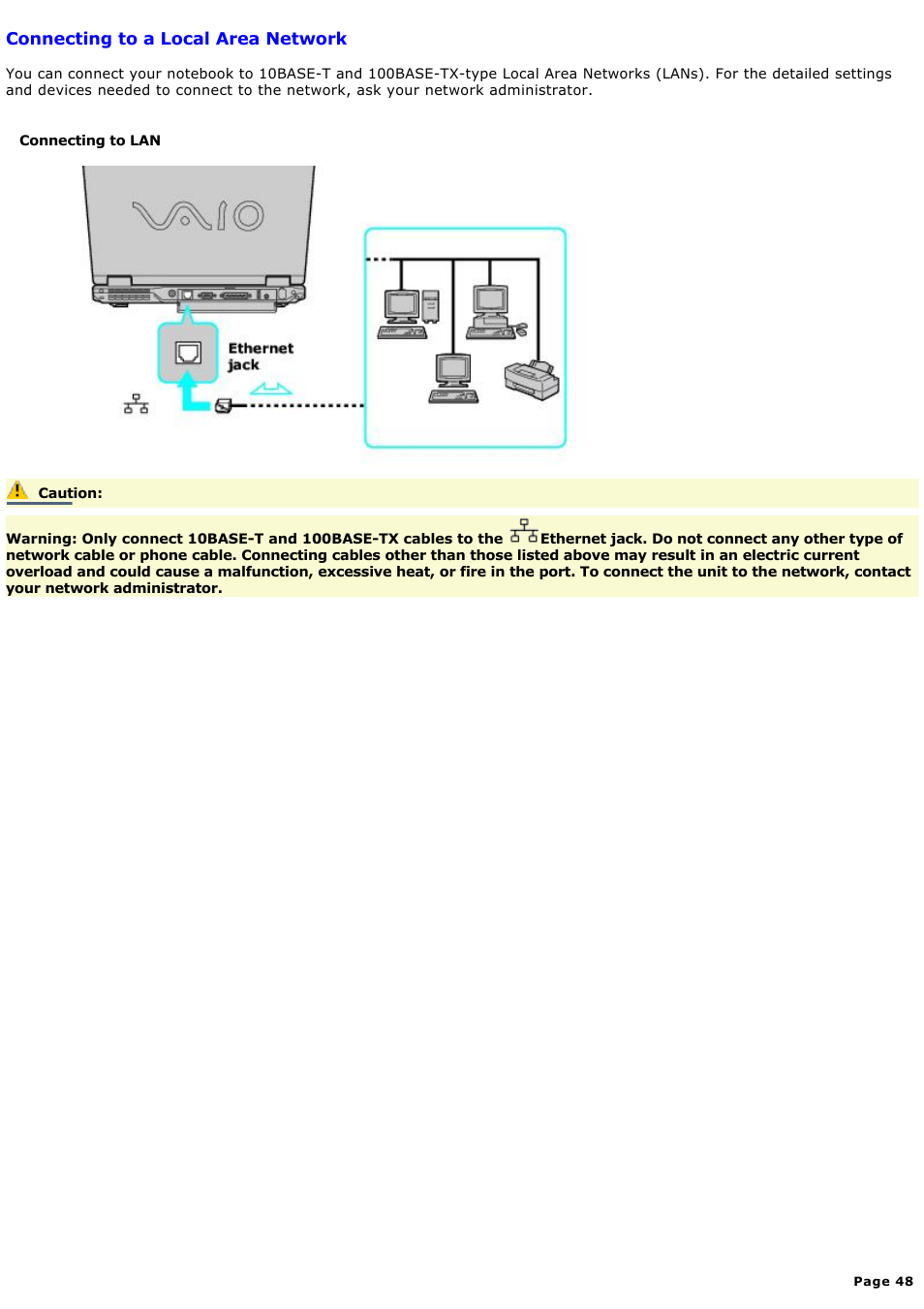 Connecting to a local area network | Sony PCG-GRX580P User Manual | Page 48 / 185