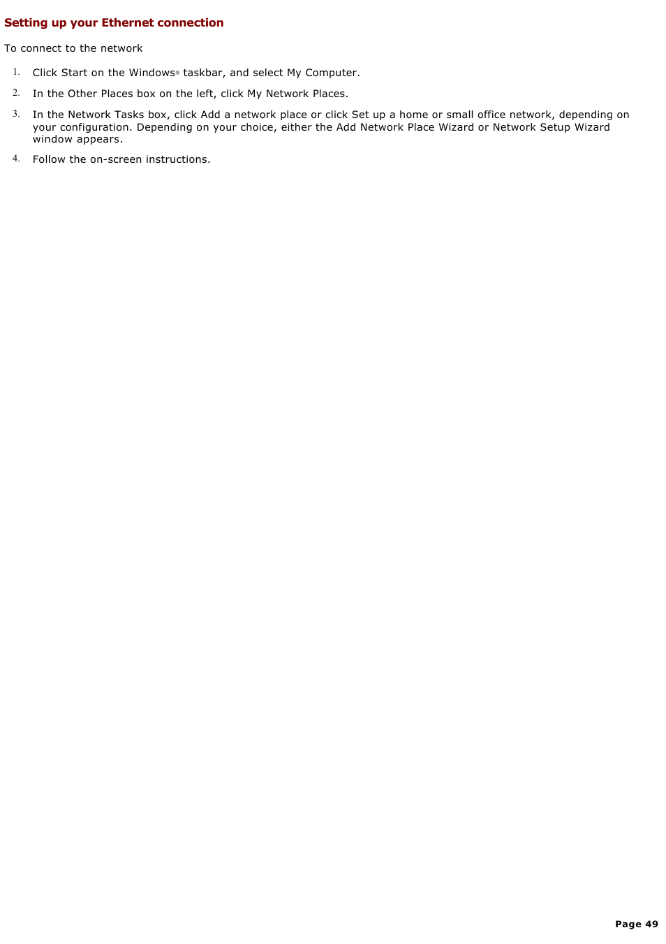 Setting up your ethernet connection | Sony PCG-GRX580P User Manual | Page 49 / 185