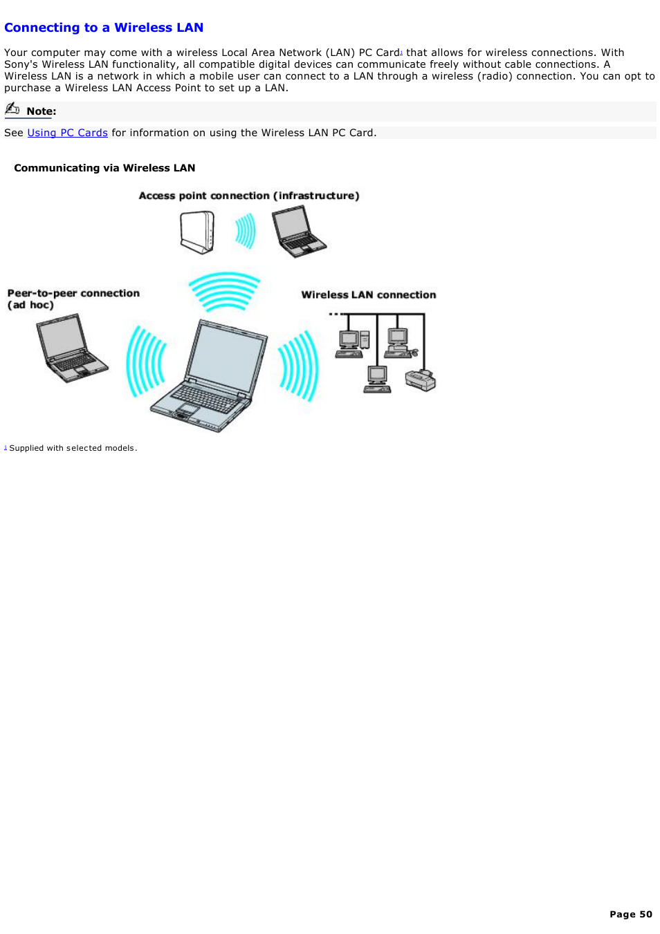 Connecting to a wireless lan | Sony PCG-GRX580P User Manual | Page 50 / 185