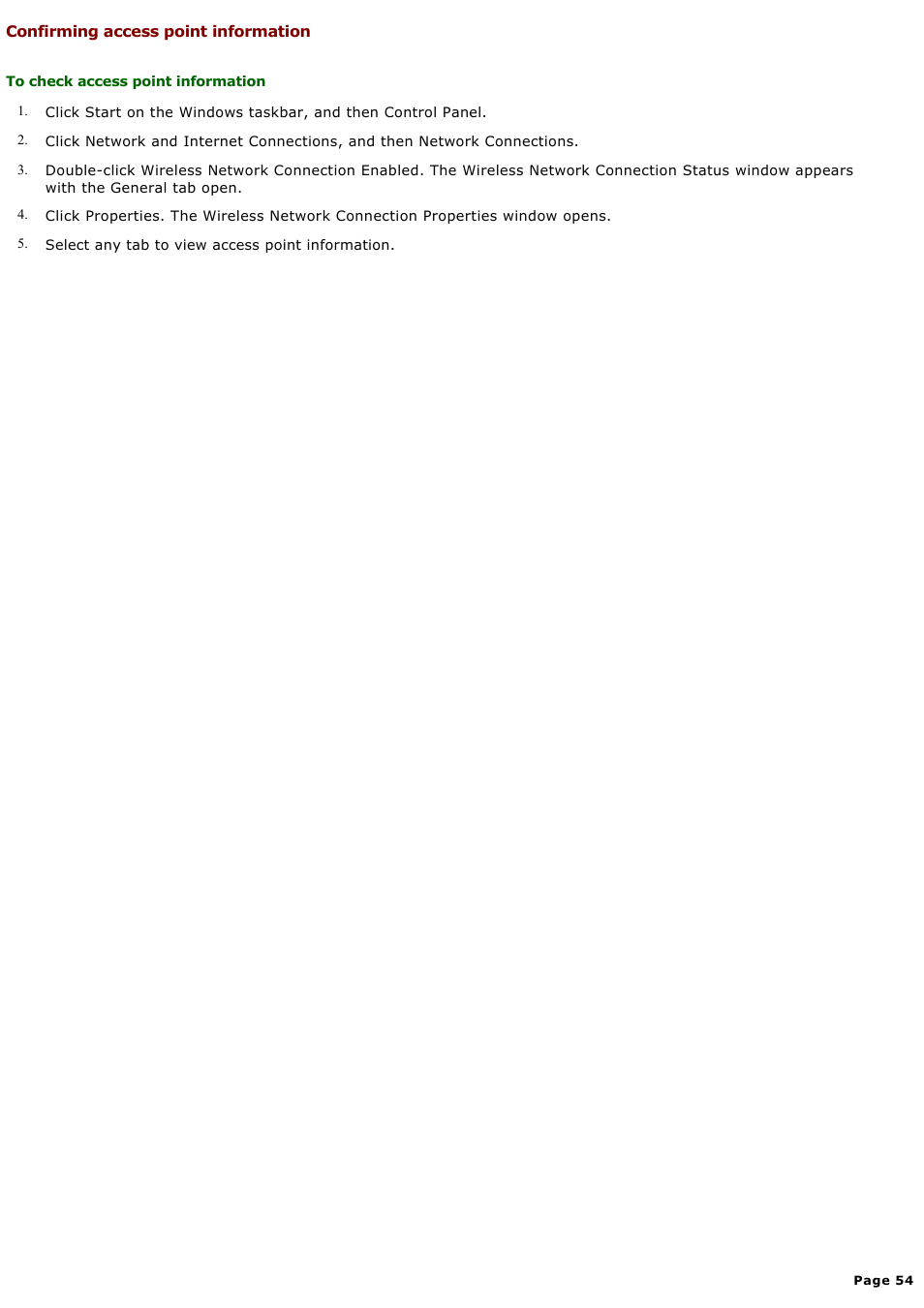 Confirming access point information | Sony PCG-GRX580P User Manual | Page 54 / 185