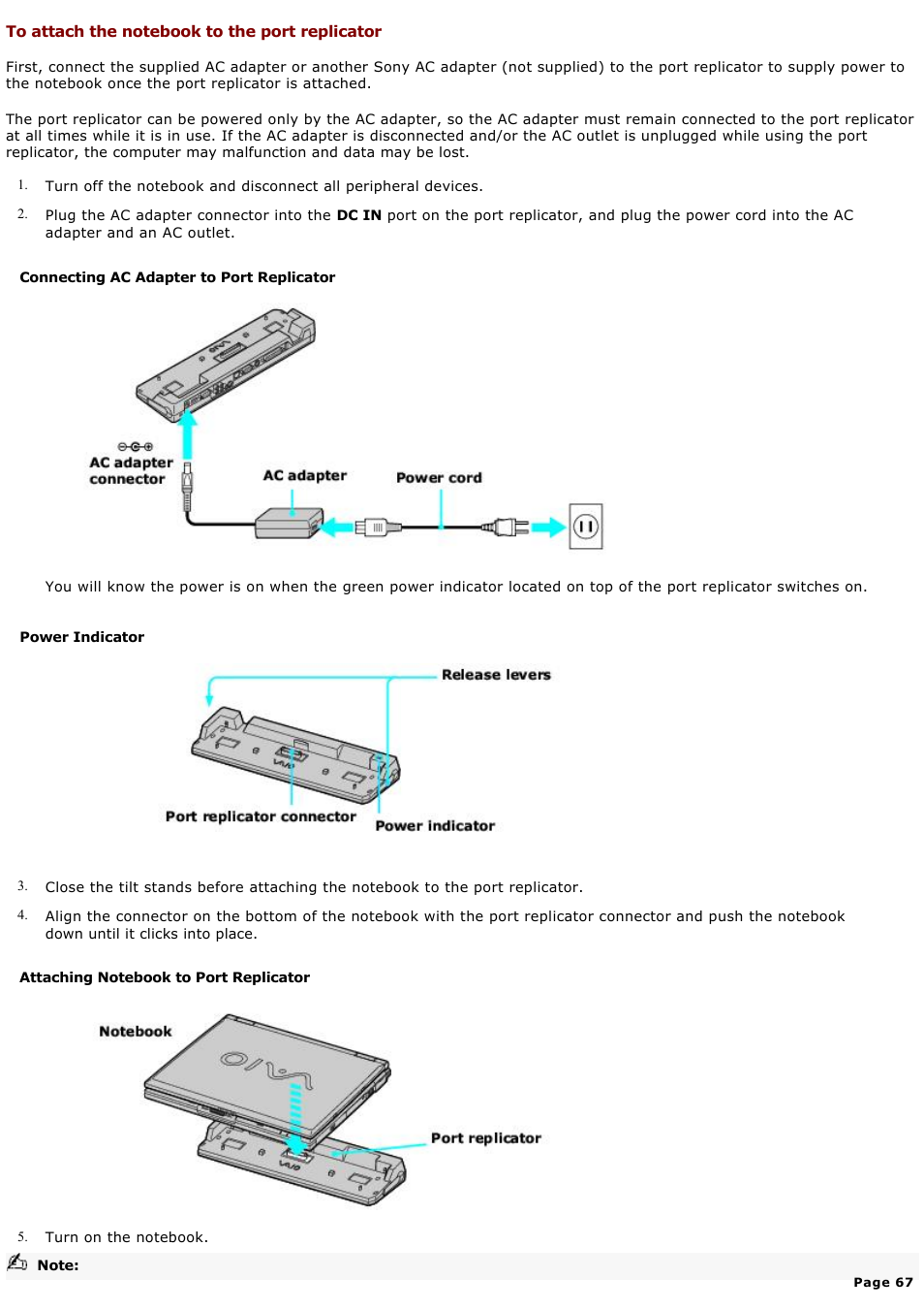To attach the notebook to the port replicator | Sony PCG-GRX580P User Manual | Page 67 / 185