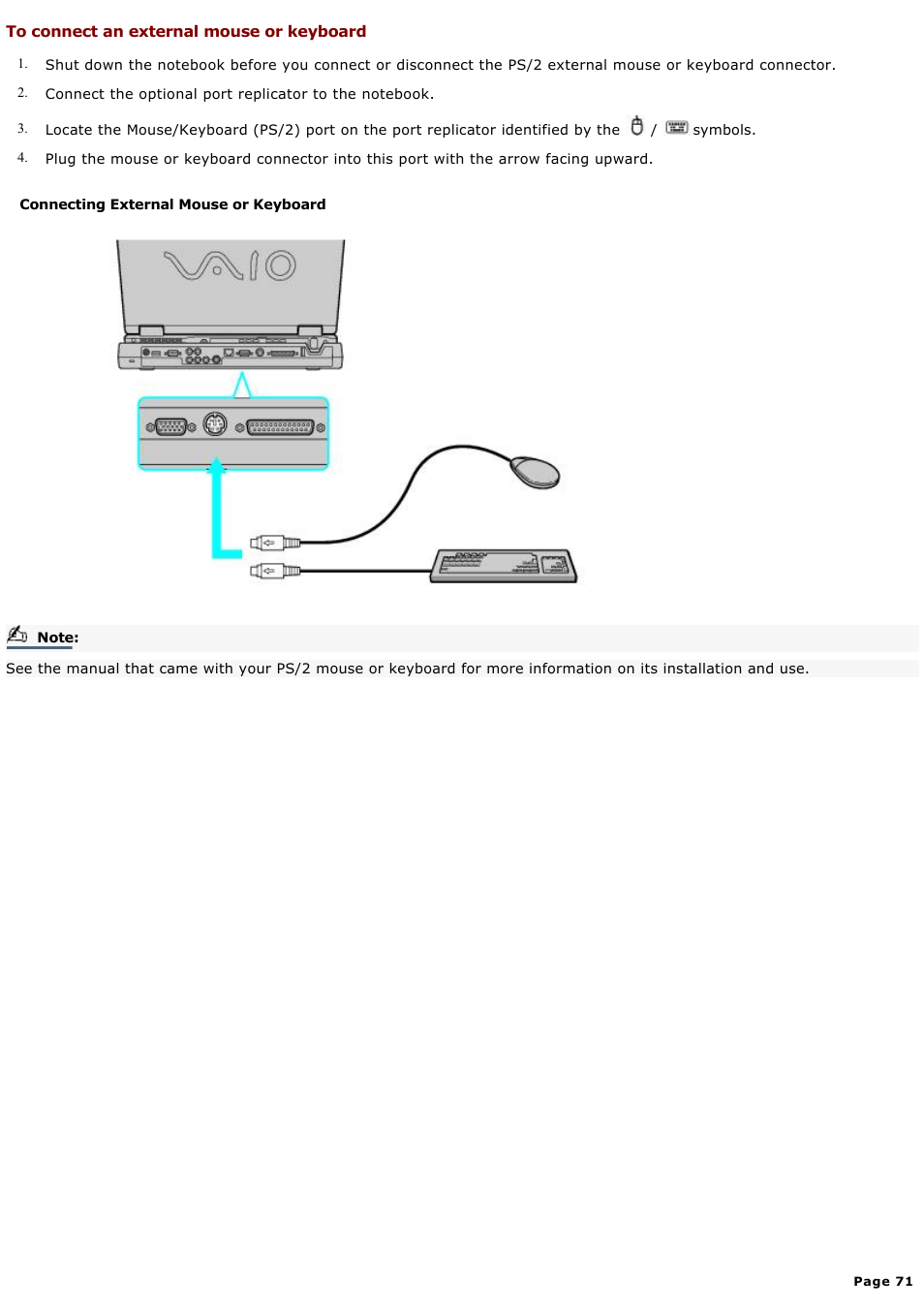 To connect an external mouse or keyboard | Sony PCG-GRX580P User Manual | Page 71 / 185