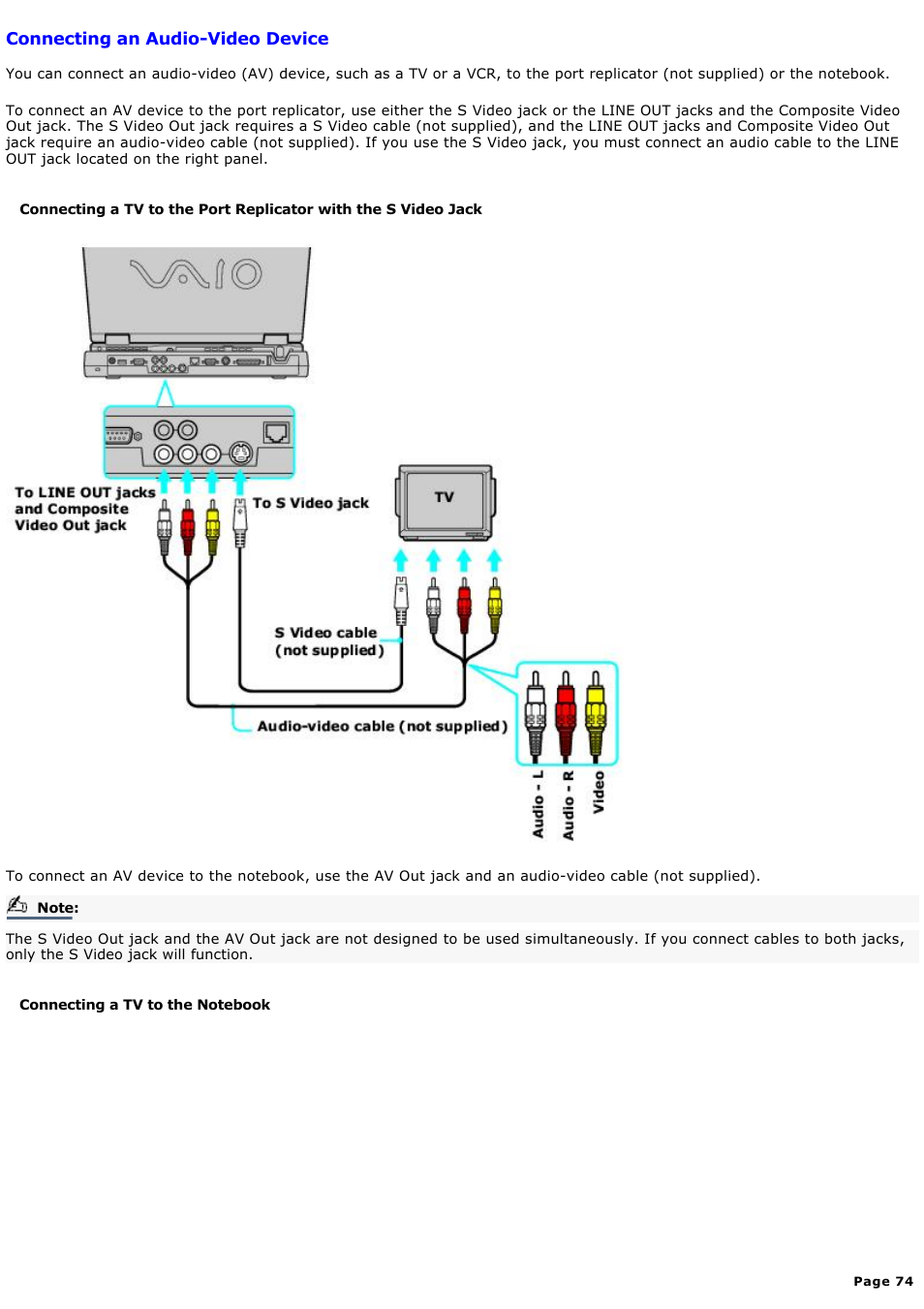 Connecting an audio-video device | Sony PCG-GRX580P User Manual | Page 74 / 185
