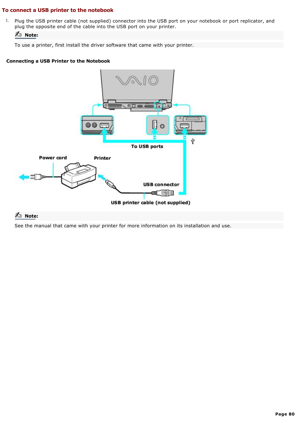 To connect a usb printer to the notebook | Sony PCG-GRX580P User Manual | Page 80 / 185