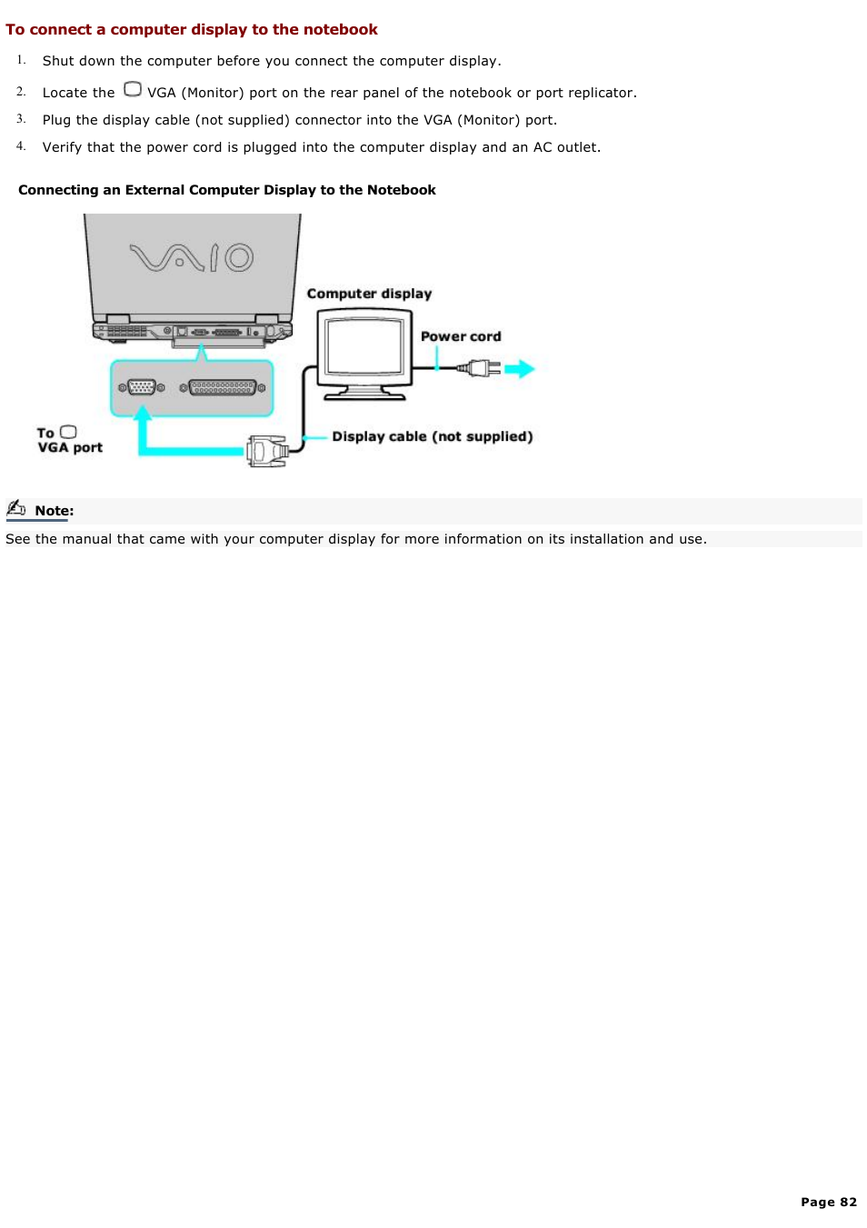 To connect a computer display to the notebook | Sony PCG-GRX580P User Manual | Page 82 / 185