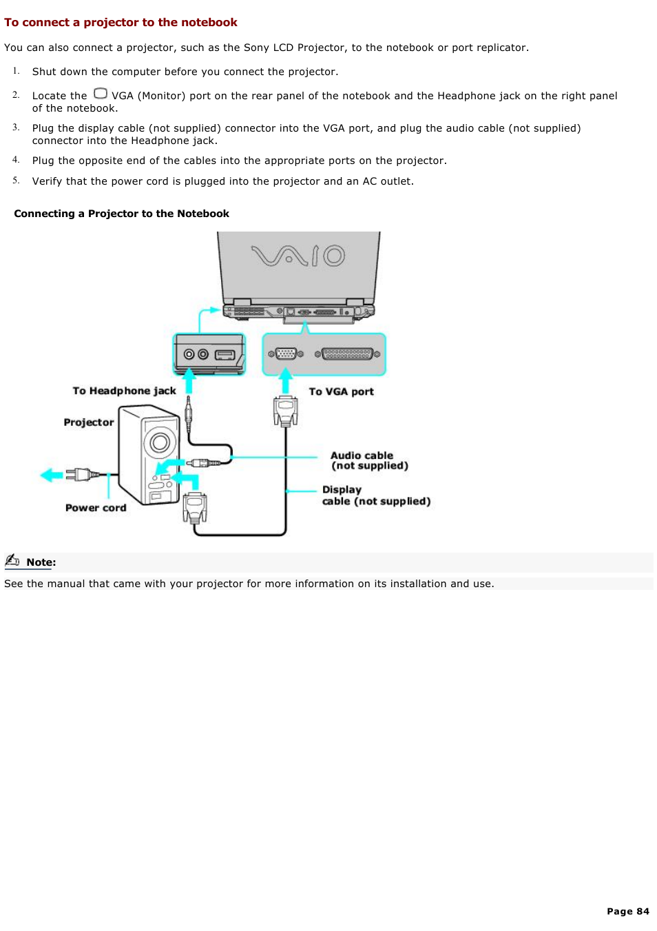 To connect a projector to the notebook | Sony PCG-GRX580P User Manual | Page 84 / 185