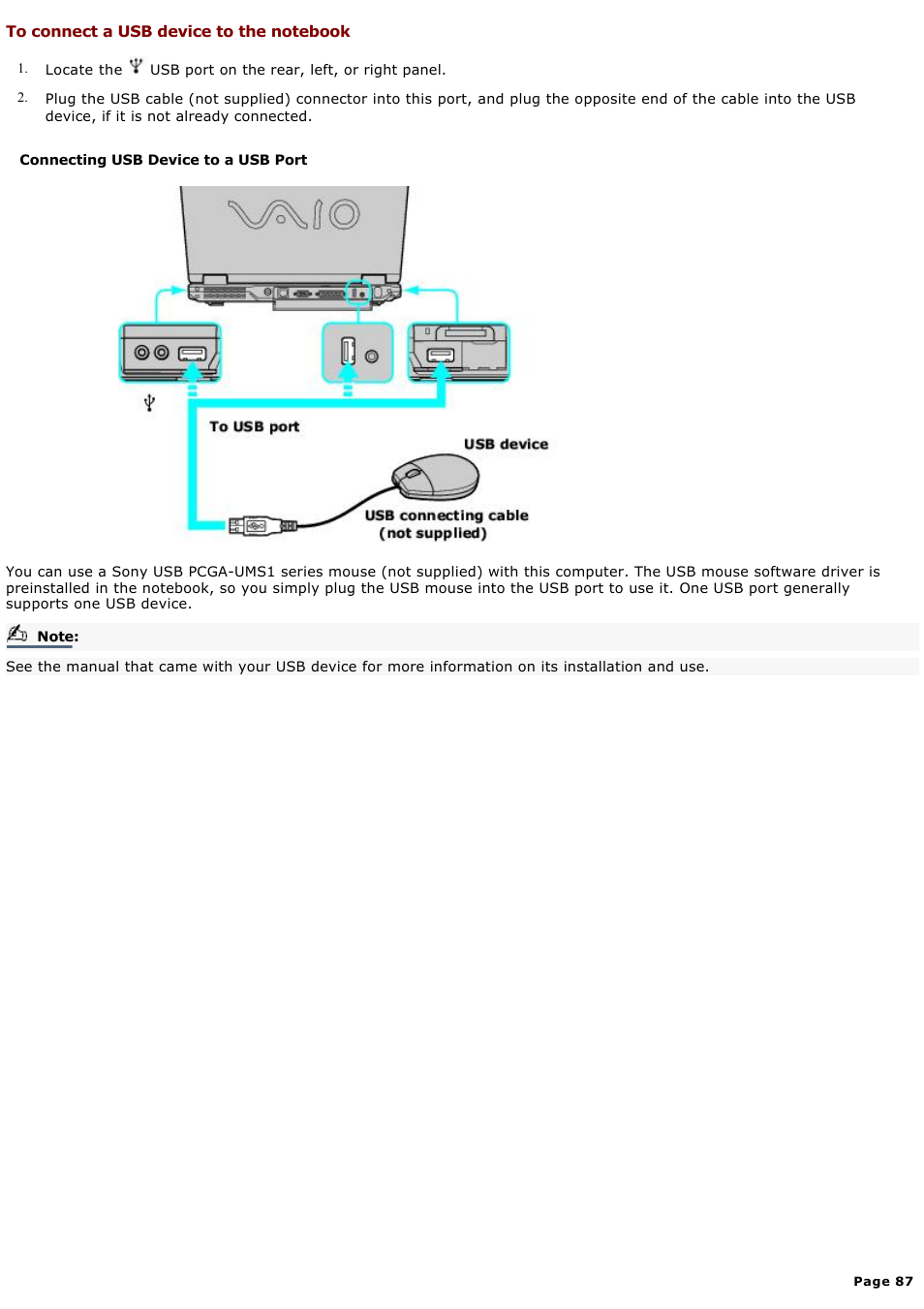 To connect a usb device to the notebook | Sony PCG-GRX580P User Manual | Page 87 / 185