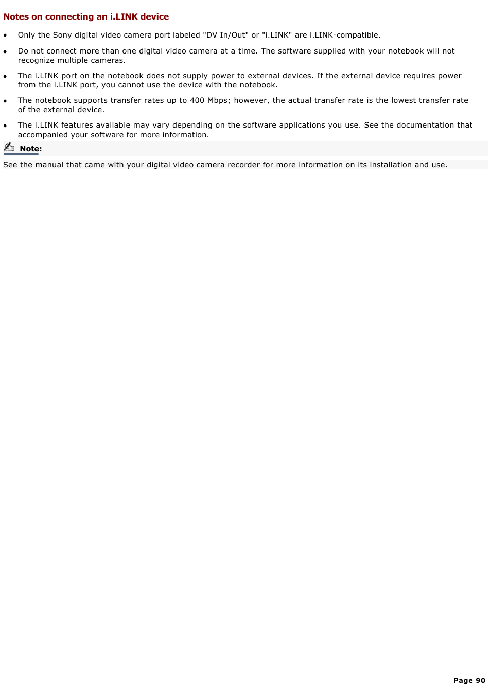Notes on connecting an i.link device | Sony PCG-GRX580P User Manual | Page 90 / 185