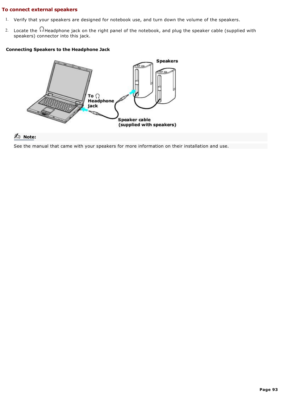 To connect external speakers | Sony PCG-GRX580P User Manual | Page 93 / 185