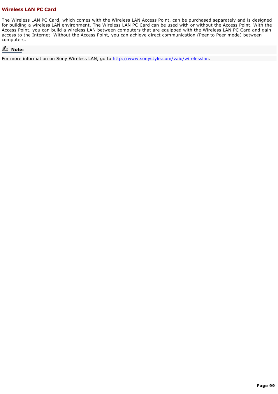 Wireless lan pc card | Sony PCG-GRX580P User Manual | Page 99 / 185